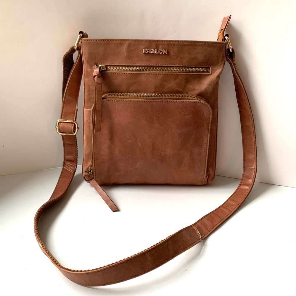 ESTALON 100% Leather Crossbody Shoulder Bag Purse Brown Zip Pockets India Travel